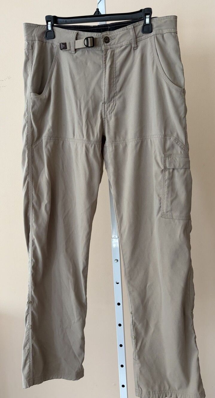PrAna Slim Fit Cargo Hiking Pants Nylon Belted Roll Up Legs Men M 32L Beige